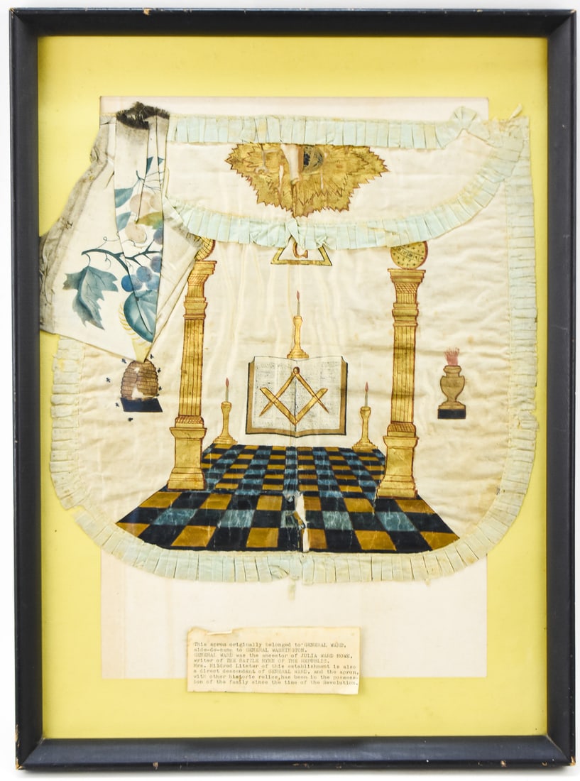 FRAMED FREEMASON CEREMONIAL APRON; ALLEGEDLY GENERAL ARTMEAS WARD'S: A framed silk Freemason ceremonial apron (The Badge of a Freemason) which allegedly belonged to General Artemas Ward aide-de-camp to General Washington and passed on to his descendants; although