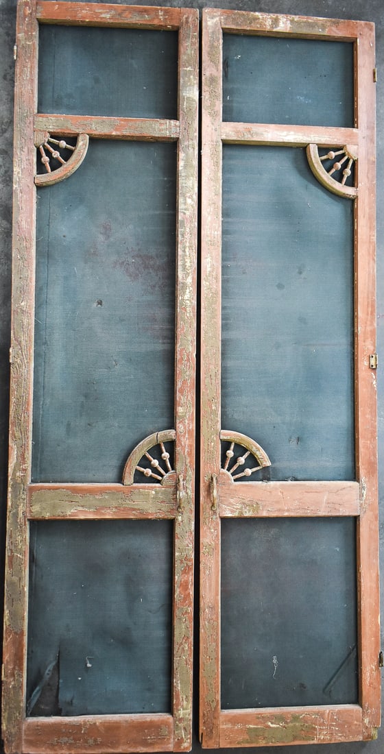 SALVAGED FRENCH SCREEN DOORS: This set of two rustic screen doors date to the late 19th or early 20th century and measure approx. 102.5" H x 25.5" W x 1" D each.