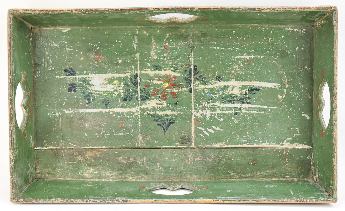 GREEN-PAINTED APPLE TRAY: A green-painted pine apple tray featuring an orchard motif, from late 19th century. The item measures approx. 3.5" H x 23.5" W x 14.5" D.