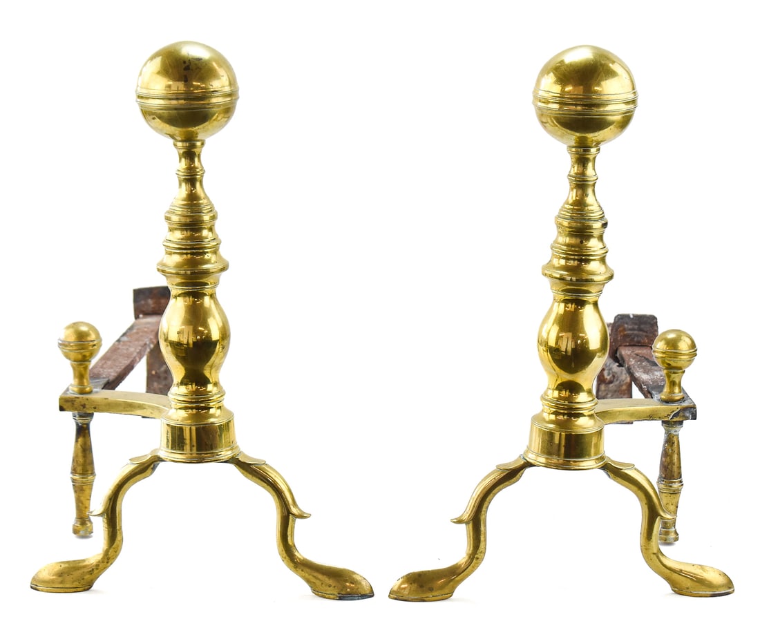 PAIR OF BRASS CANNONBALL FIREPLACE ANDIRONS (1 of 1)