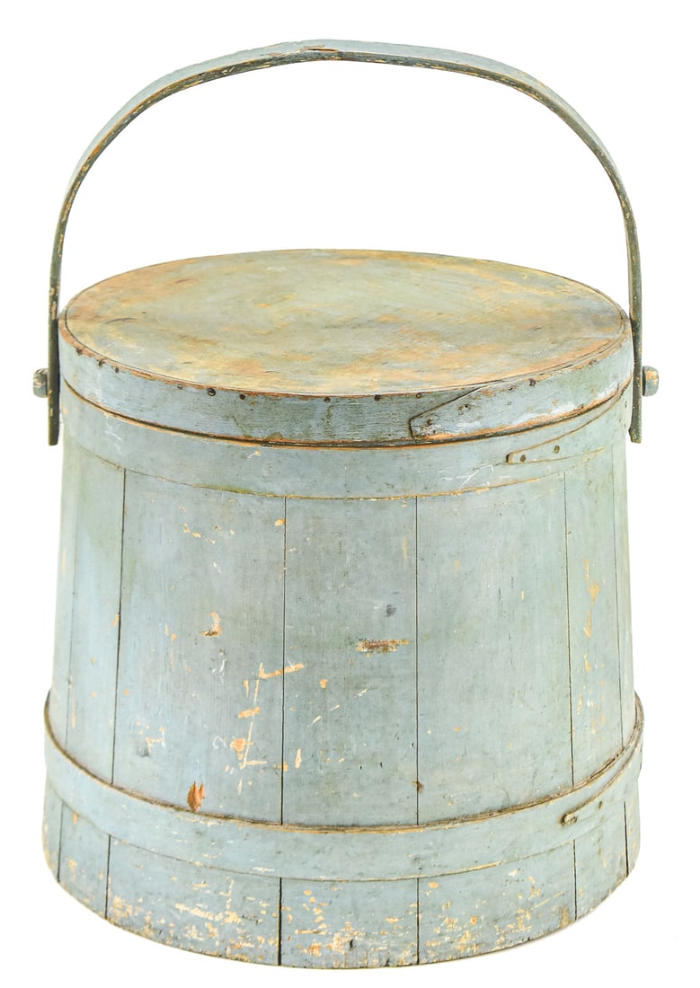 PALE BLUE WOODEN SUGAR BUCKET FIRKIN: This firkin has its original late 19th century blue paint and has hand crafted nails. The firkin measures approx. 14.5" H x 15.5" W x 15.5" D.