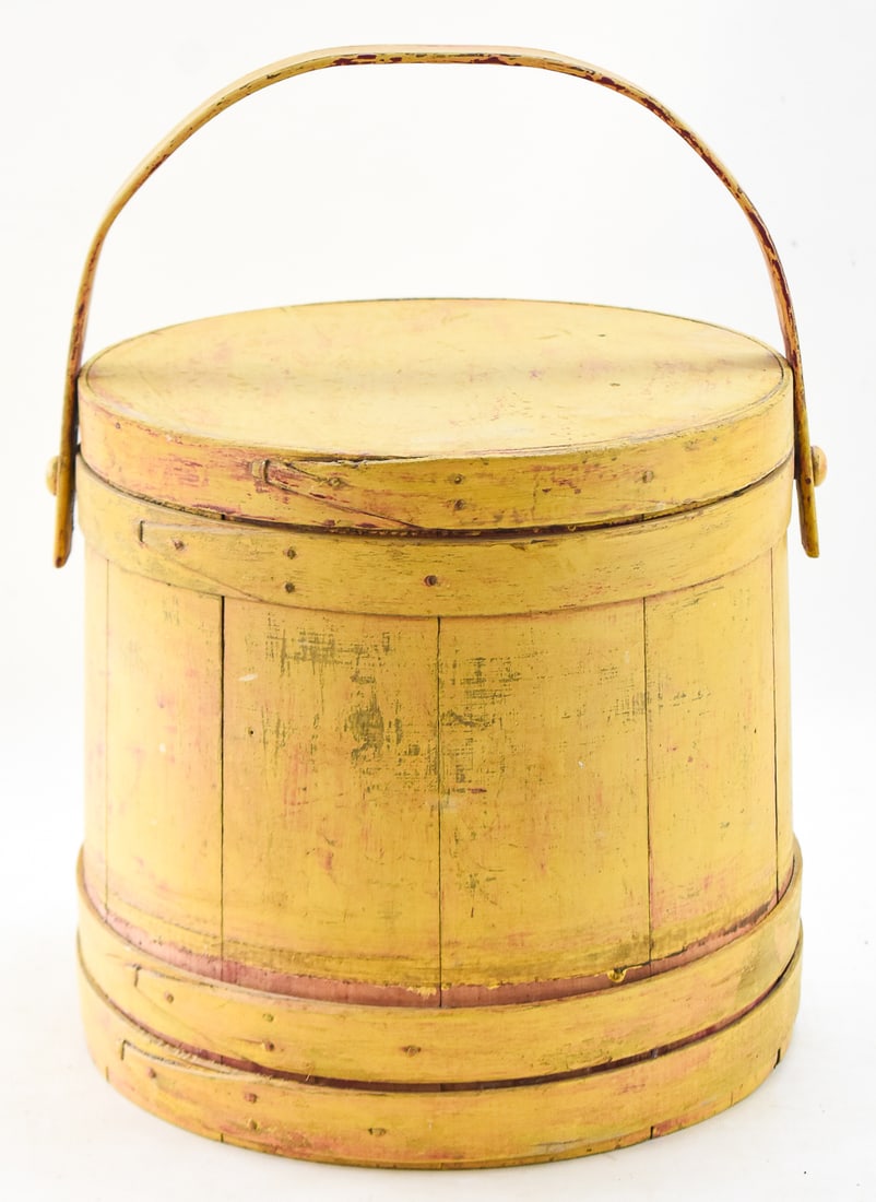 YELLOW WOODEN SUGAR BUCKET FIRKIN: This firkin has its original late 19th century yellow paint and has hand crafted nails. The firkin measures approx. 12" H x 13" W x 13" D.