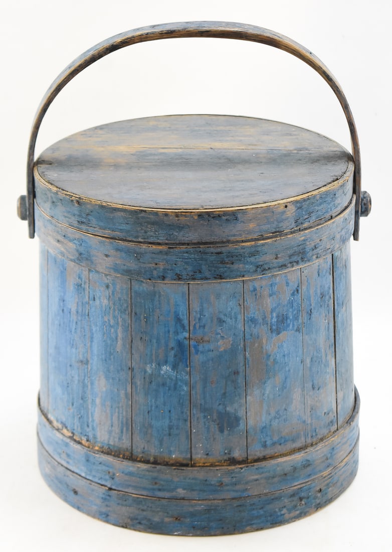 DARK BLUE WOODEN SUGAR BUCKET FIRKIN: This firkin has its original late 19th century blue paint and has hand crafted nails. The firkin measures approx. 13" H x 13" W x 13" D.