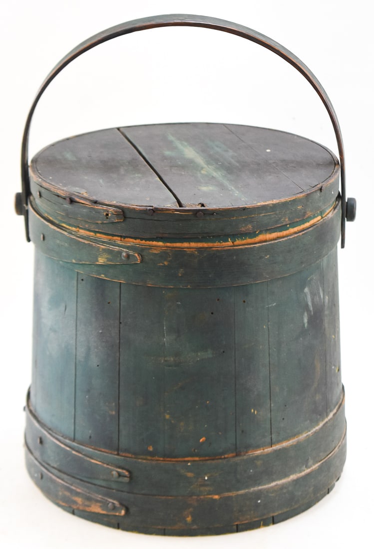 GREEN WOODEN SUGAR BUCKET FIRKIN: This firkin has its original late 19th century green paint and has hand crafted nails. The firkin measures approx. 13" H x 13" W x 13" D.