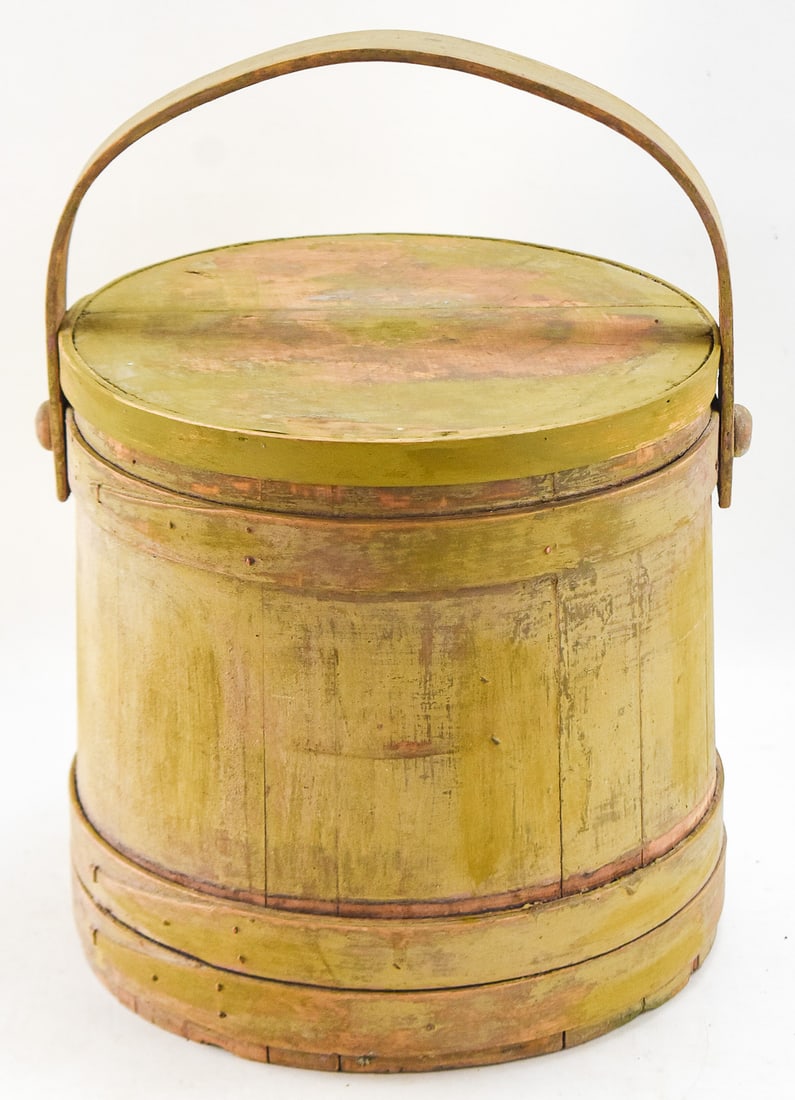 BEIGE WOODEN SUGAR BUCKET FIRKIN: This firkin has its original late 19th century beige paint and has hand crafted nails. The firkin measures approx. 13" H x 13" W x 13" D.