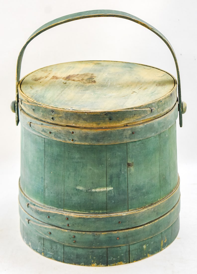 FADED GREEN WOODEN SUGAR BUCKET FIRKIN: This firkin has its original late 19th century faded green paint and has hand crafted nails. The firkin measures approx. 12.5" H x 13" W x 13" D.