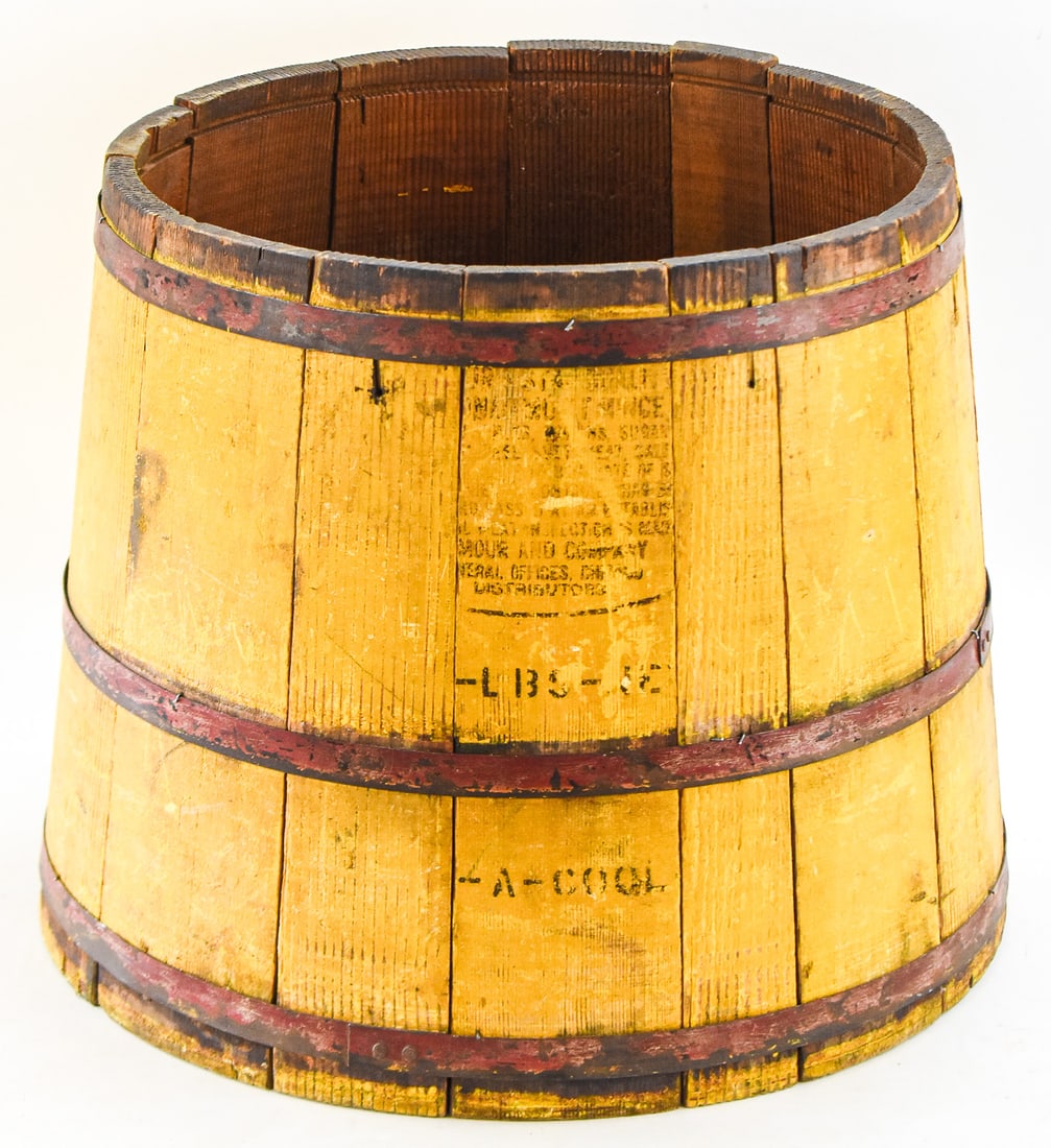 ARMOUR & COMPANY ADVERTISING BARREL FIRKIN: This Armour and Compay firkin was used to store butter or lard in the late 19th century. It measures approx. 15" H x 17" W x 17" D. Armour & Company was founded in Chicago in 1863 b