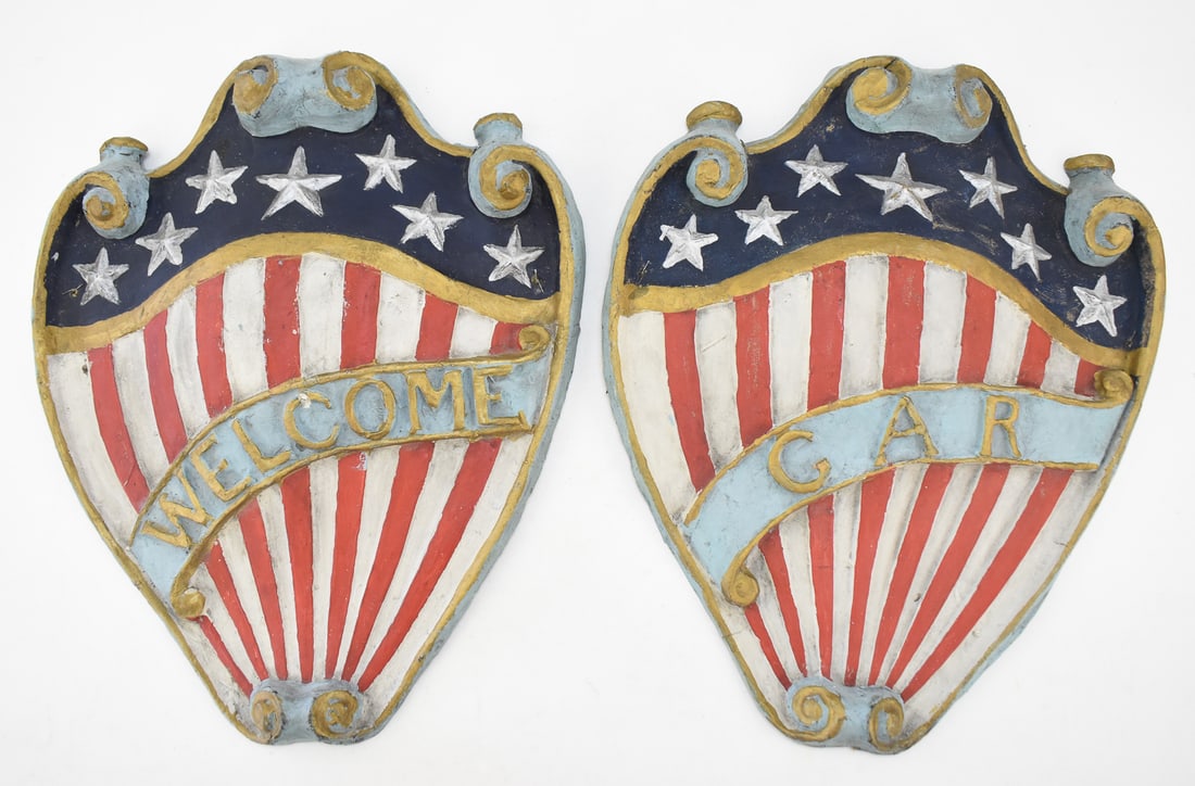 PAIR OF FOLK-ART PAPER-MACHE GRAND ARMY OF THE REPUBLIC SHIELDS: Pair of late-19th century folk-art paper-mache decorative patriotic shields with the words "WELCOME" on one and "GAR" on the other, originating from Grand Army of the Republic, a fraternal