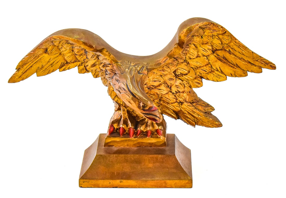 AMERICAN FEDERAL REVIVAL STYLE GILT FREESTANDING EAGLE: An American Federal Revival style gilt freestanding eagle, mid-20th century. The item measures approx. 9.5" H X 14" W x 4" D.