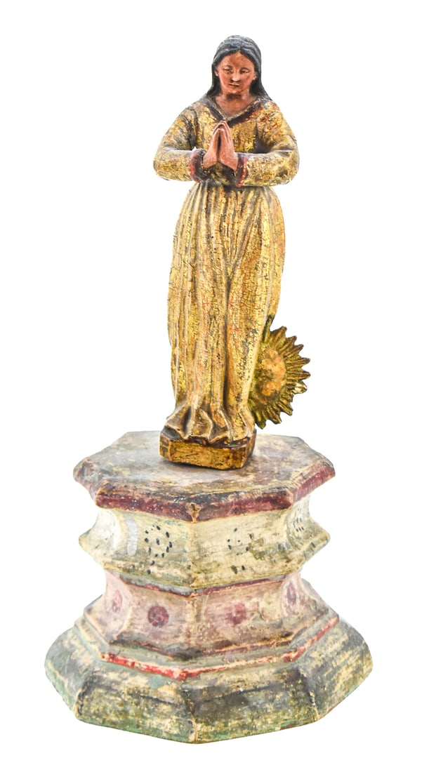 SPANISH COLONIAL REVIVAL, OUR LADY OF GUADALUPE POLYCHROME SANTOS FIGURE: A Spanish Colonial (Baroque) Revival-style polychrome and gilt wooden Santos figure of Our Lady of Guadalupe, from the late 19th-early 20th century. The item measures approx. 13.5" H x 6" W x 6" D.