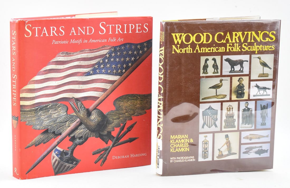 TWO AMERICAN FOLK ART BOOKS: 1974 "WOOD CARVING..." AND 2002 "STARS AND STRIPES...": This lot consists of two books on American folk art: 1974 Marian and Charles Klamkin "Wood Carving: North American Folk Sculptures" and 2002 Deborah Harding "Stars and Stripes: Patriotic Motifs in