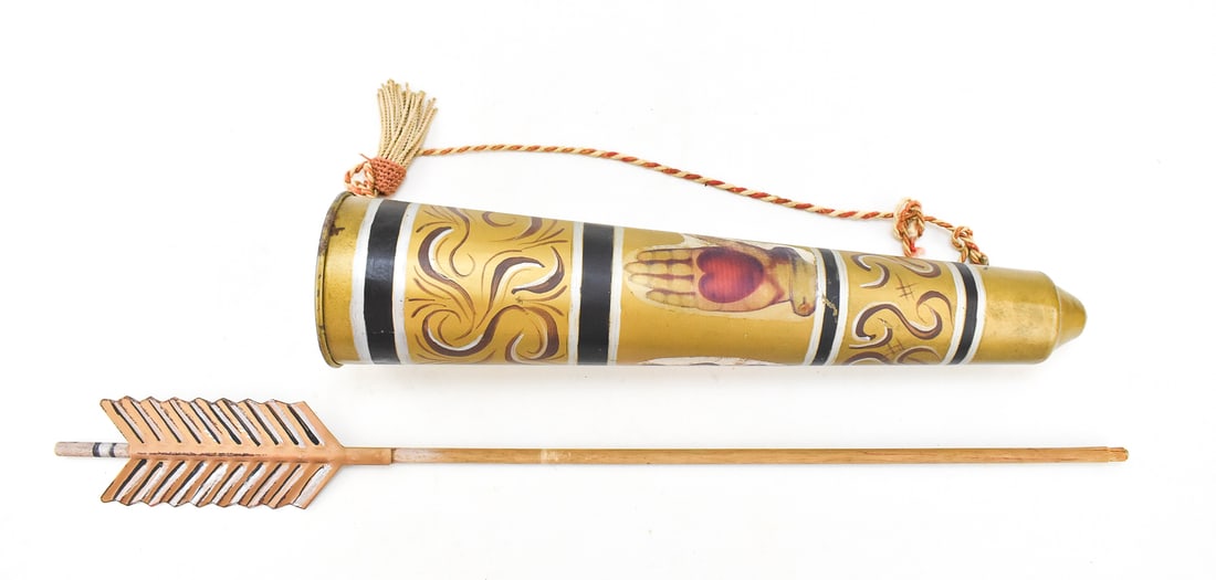 FRATERNAL LODGE FOLK ART CEREMONIAL QUIVER AND ARROW: A fraternal lodge folk art tin ceremonial quiver and arrow featuring Masonic symbols, from the early-mid 20th century. The entire piece measures approx. 27" H x 4.5" W x 4.5" D.