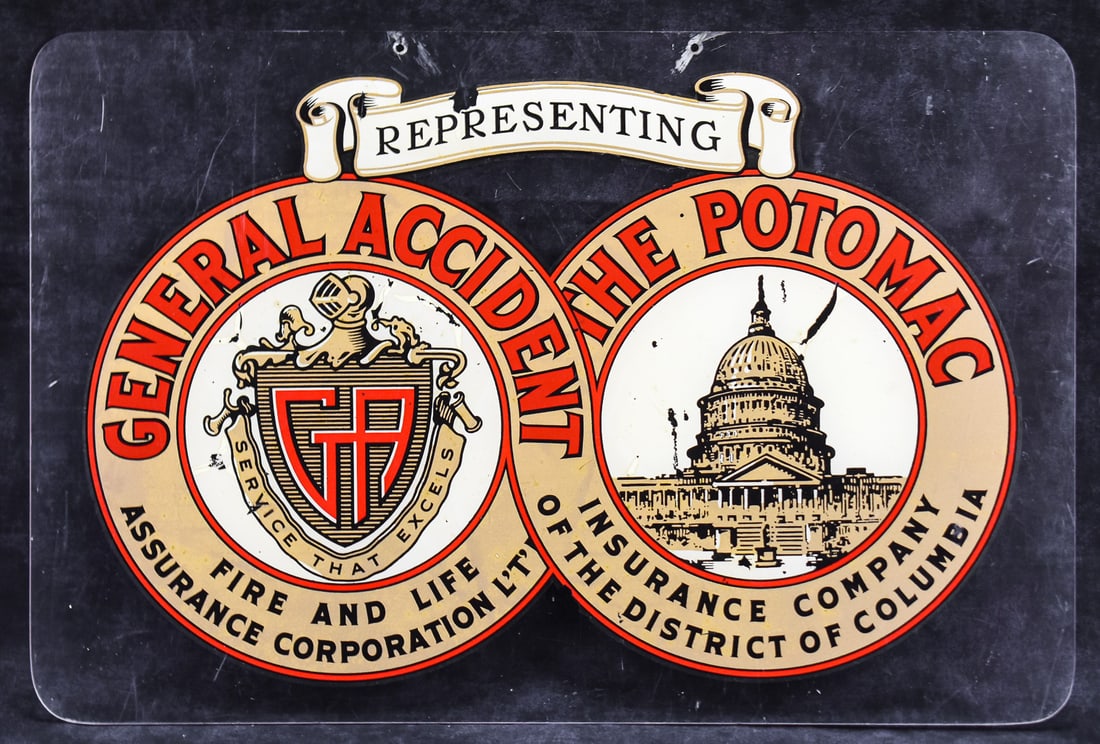 ADVERTISING SIGN FOR GENERAL ACCIDENT INSURANCE IN WASHINGTON D.C.: This acrylic sign from the early 20th century is advertising General Accident Fire and Life Assurance Corporations merger with The Potomac Insurance Company of the District of Columbia. It measures