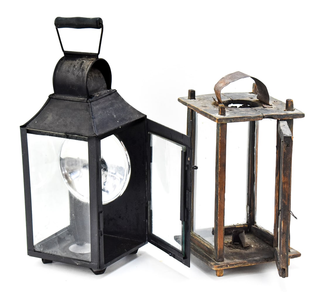 METAL CARRIAGE HOUSE REFLECTOR LANTERN AND PRIMITIVE WOOD FRAME CANDLE LANTERN (1 of 4)