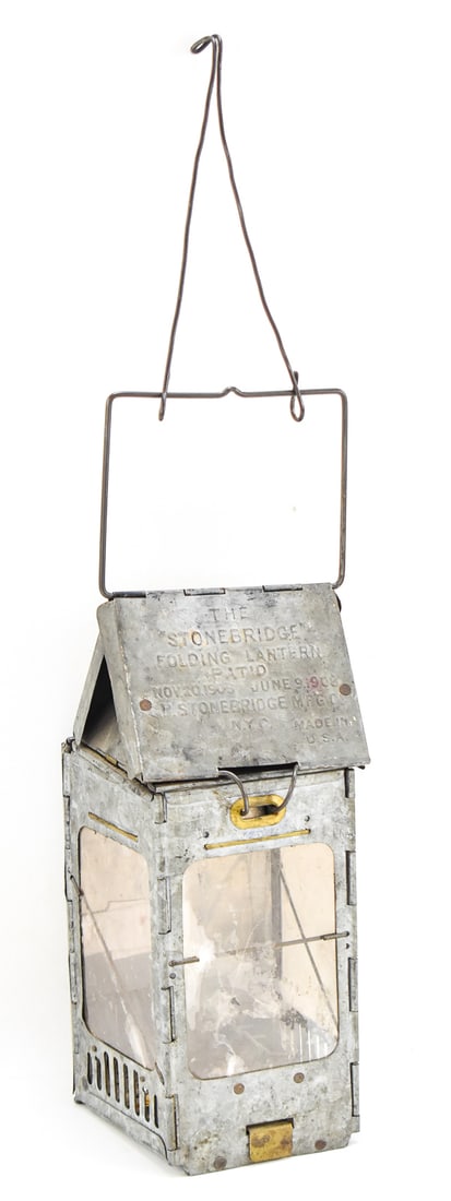 C.H. STONEBRIDGE MANUFACTURING COMPANY "STONEBRIDGE FOLDING LANTERN": A C.H. Stonebridge Manufacturing Company (NYC) "The Stonebridge Folding Lantern" composed of galvanized steel with mica windows, marked and dated with the latest patent 1908. The lantern measures