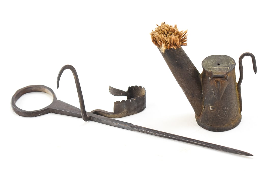 WROUGHT IRON MINING "STICKING TOMMY" CANDLE HOLDER & "TEAPOT" MINING OIL WICK (1 of 1)