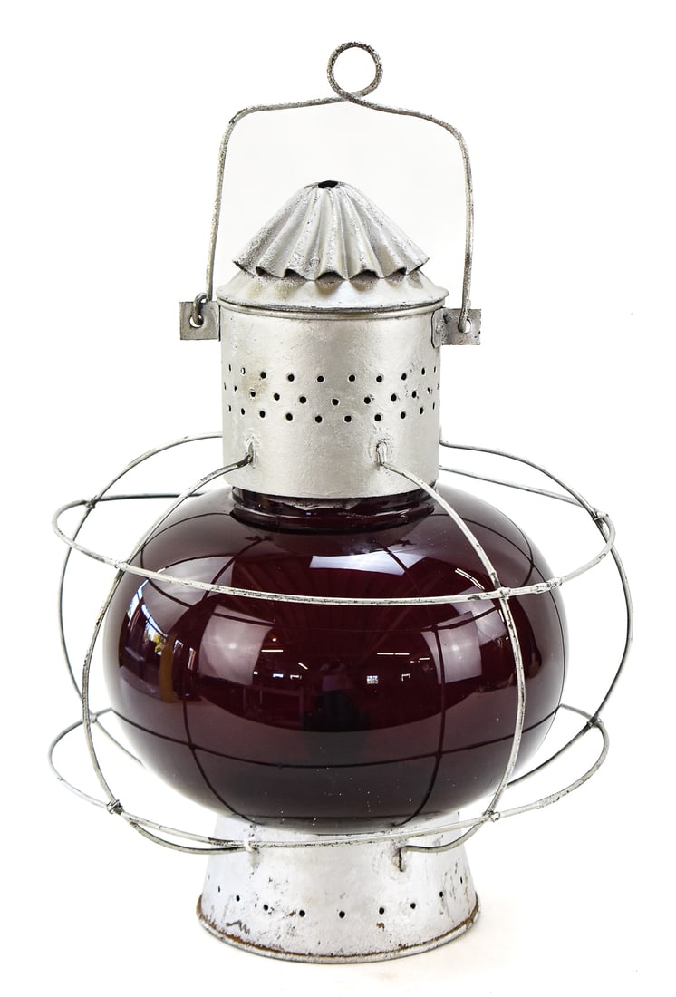ATHENS, GREECE MARINE DISTRESS ONION GLOBE LANTERN: A Greek marine distress lantern with a red glass onion globe, from the early-mid 20th century. The internal burner dial has the mark of the city of Athens written in Greek. The lantern measures