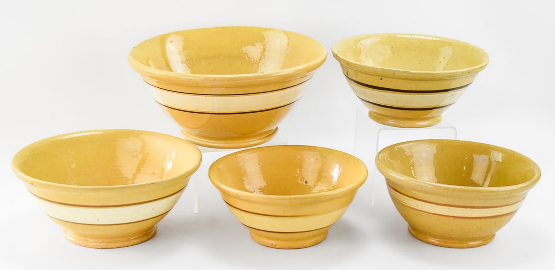 FIVE BANDED YELLOW WARE BOWLS (1 of 3)