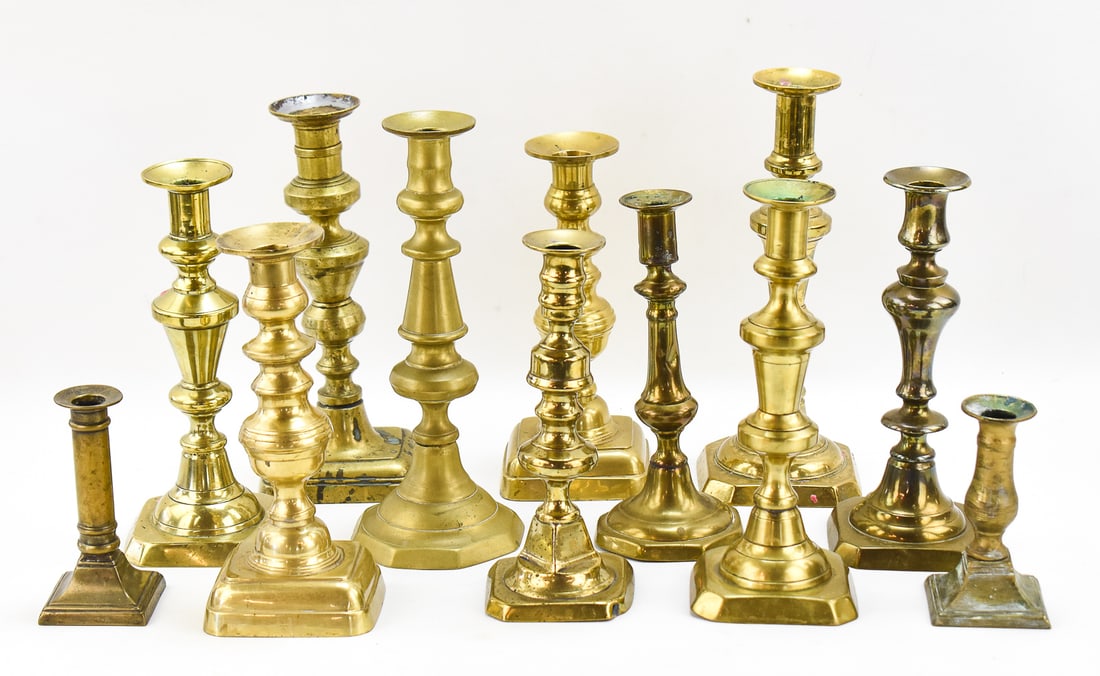TWELVE BRASS CANDLESTICKS: VICTORIAN BALUSTER FORM, BEEHIVE STYLE, AND MORE (1 of 2)