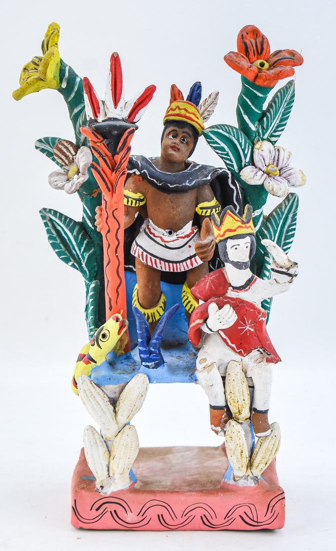 HANDMADE/PAINTED TERRACOTTA MEXICAN FOLK ART SCULPTURE: This hand sculpted and painted terracotta sculpture is unmarked but stylistically traceable to 20th century Mexican folk art. It measures approx. 16" H x 9.5" W x 5.5" D.