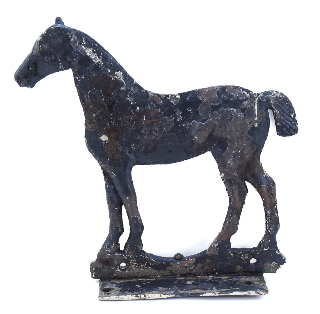 ANTIQUE CAST IRON HORSE WINDMILL WEIGHT: An early 20th century cast iron horse windmill weight, likely manufactured by Dempster Mill but no makers marks present. It measures approx. 17" H x 17" W x 3.5" D.
