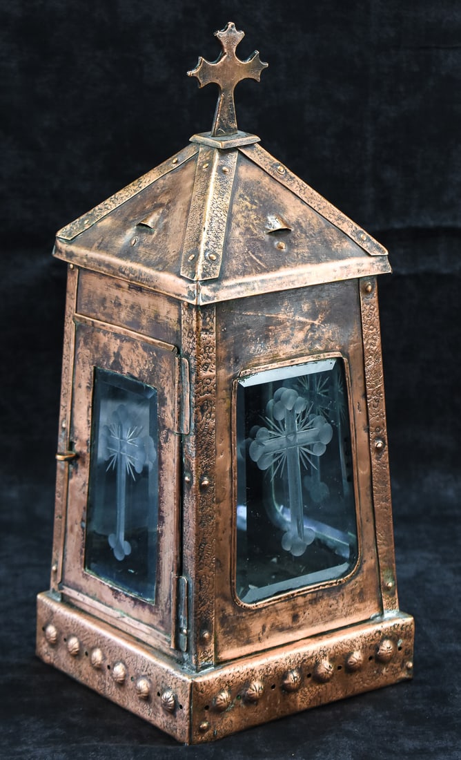 EASTERN ORTHODOX KANTILI CEMETARY MEMORIAL CANDLE LANTERN: An Eastern Orthodox Christian copper Kantili cemetery memorial vigil candle lantern featuring Orthodox crosses on all four glass panels, from the mid-late 20th century. The lantern measures approx.