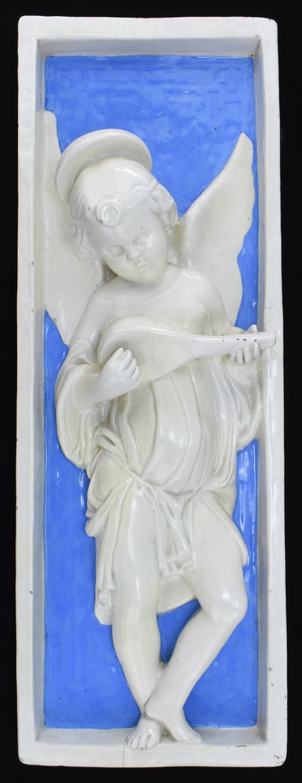 AFTER DONATELLO, ITALIAN RENAISSANCE REVIVAL LUTENIST ANGEL WALL-ART: After Donatello, an Italian Renaissance Revival coated plaster wall-art copy of a lutenist angel which can be found on the high altar at the Basilica of Saint Anthony, from the late 19th century. The
