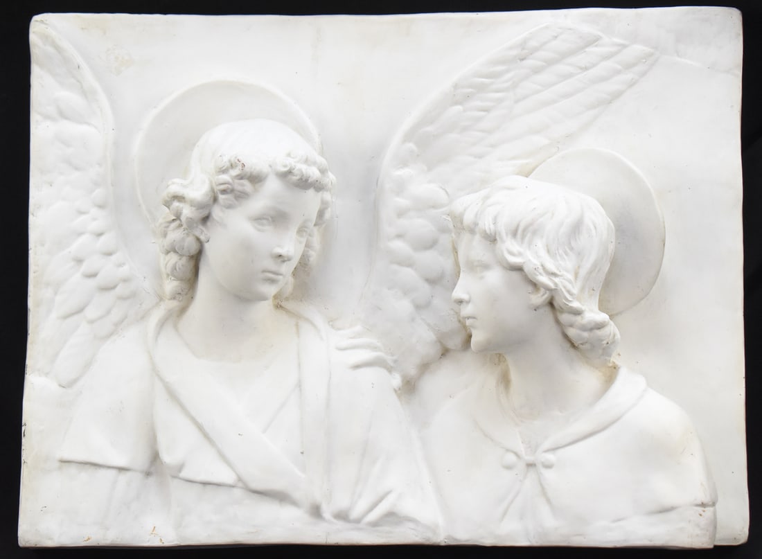 TOBIAS AND RAPHAEL BAS-RELIEF WALL PLAQUE: This painted terracotta bas-relief wall plaque is a recreation of a portion of the altarpiece originally from the Basilica of Santa Croce in Florence, Italy created by Andrea Della Robbia circa 1475.