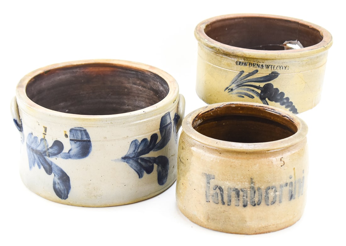 THREE PENNSYLVANIAN STYLE STONEWARE CAKE CROCKS (1 of 4)