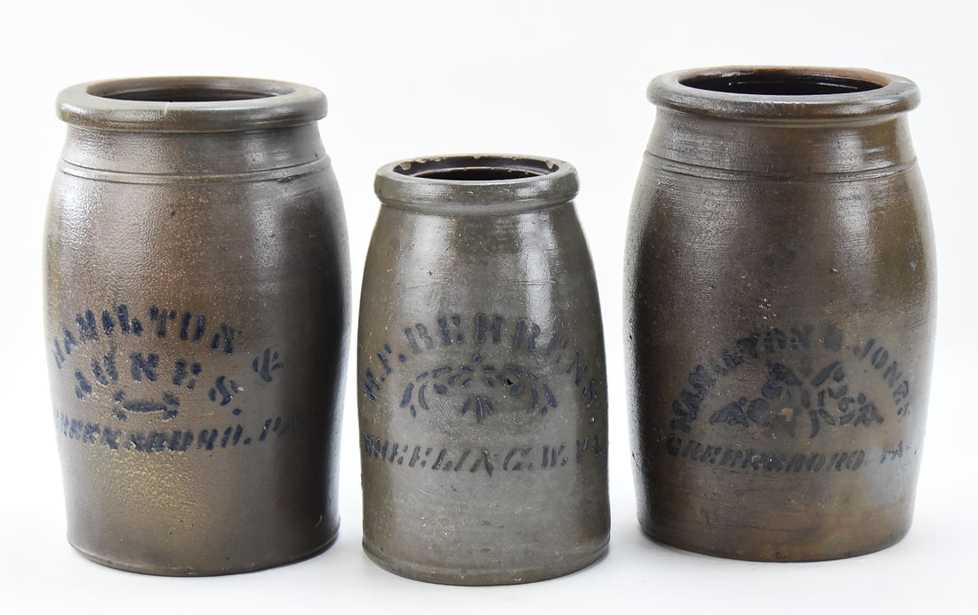 THREE STONEWARE CROCKS: H.F. BEHRENS AND HAMILTON & JONES (1 of 6)