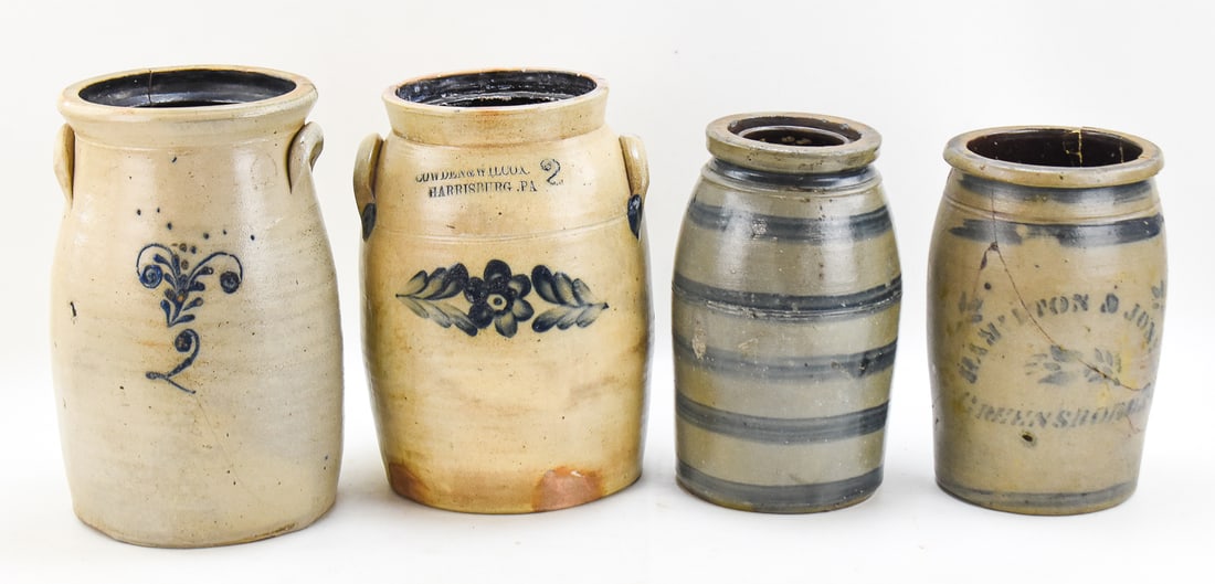 FOUR PENNSYLVANIAN STONEWARE CROCKS: HAMILTON & JONES, COWDEN & WILCOX, AND MORE (1 of 6)