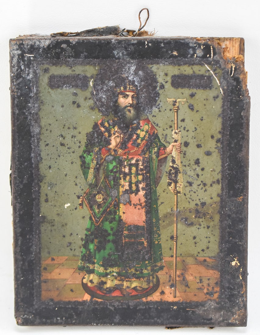 RUSSIAN TIN & WOOD ICON OF SAINT THEODOSIUS (1 of 4)