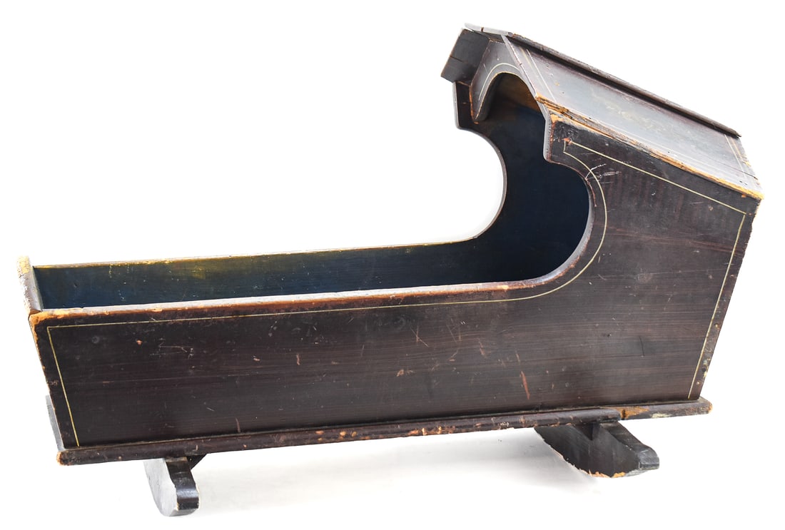 VICTORIAN WOODEN BABY CRADLE WITH HOODED BONNET