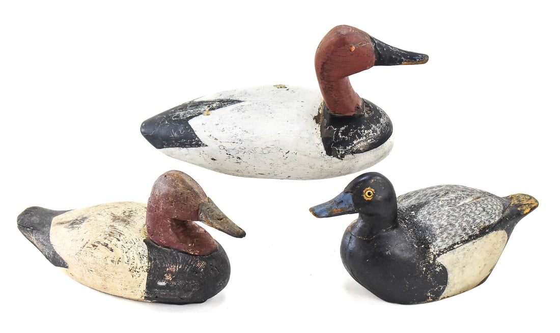 TWO CANVASBACK DRAKES AND GREATER SCAUP DRAKE DUCK DECOYS (1 of 2)