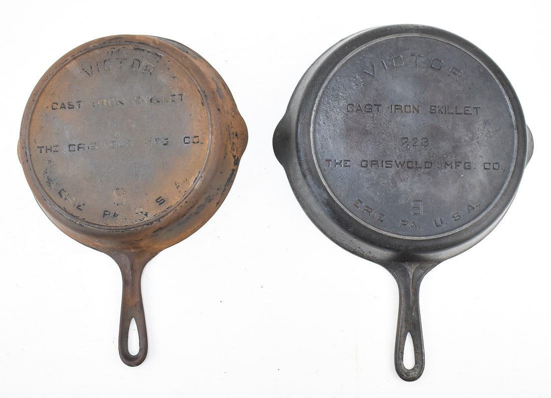 TWO GRISWOLD "VICTOR - FULLY MARKED" CAST IRON SKILLETS (1 of 4)