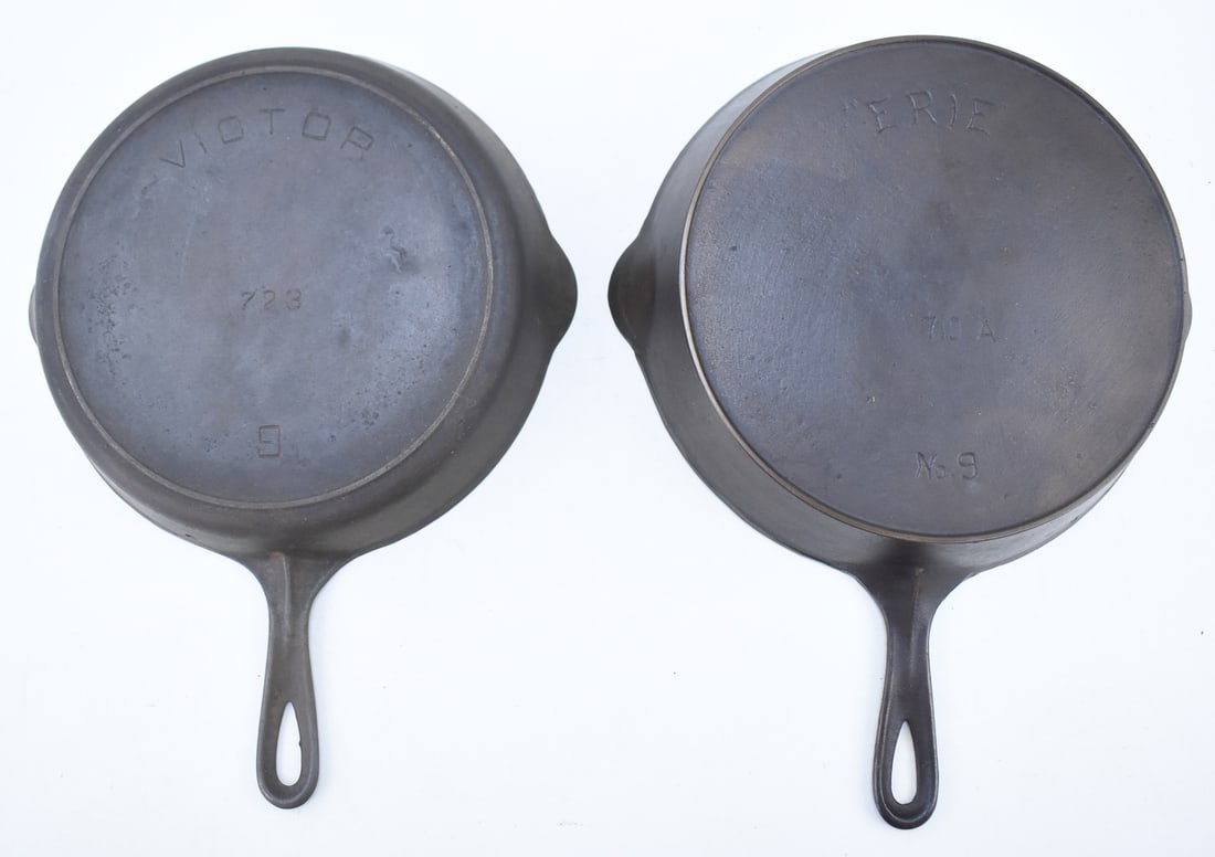 TWO GRISWOLD MANUFACTURING COMPANY NO. 9 CAST IRON SKILLETS: VICTOR AND ERIE (1 of 4)