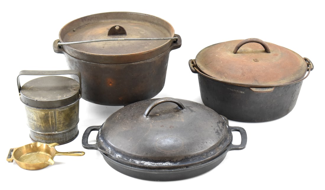 CAST IRON COLLECTION: KETTLES, ASH TRAY, AND LIDS (1 of 2)