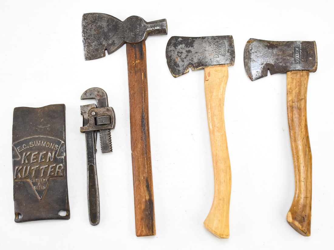 KEEN KUTTER HATCHETS, WRENCH, & CAST IRON VICE MOUNTING BLOCK (1 of 2)