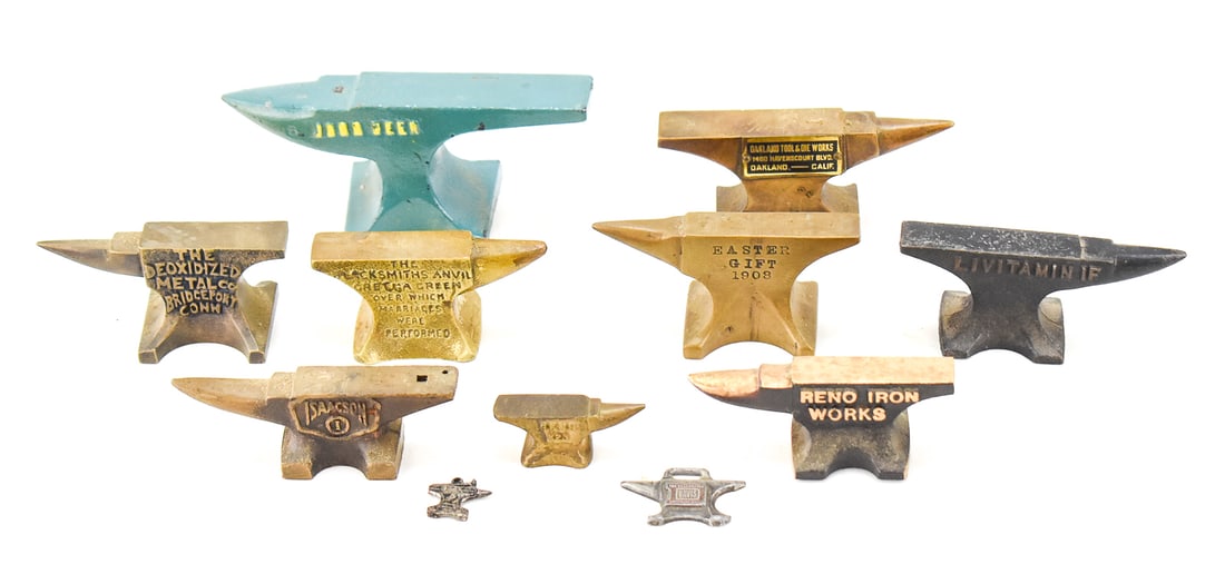 MINIATURE ADVERTISING ANVIL ASSORTMENT: JOHN DEERE, RENO IRON WORKS, AND MORE