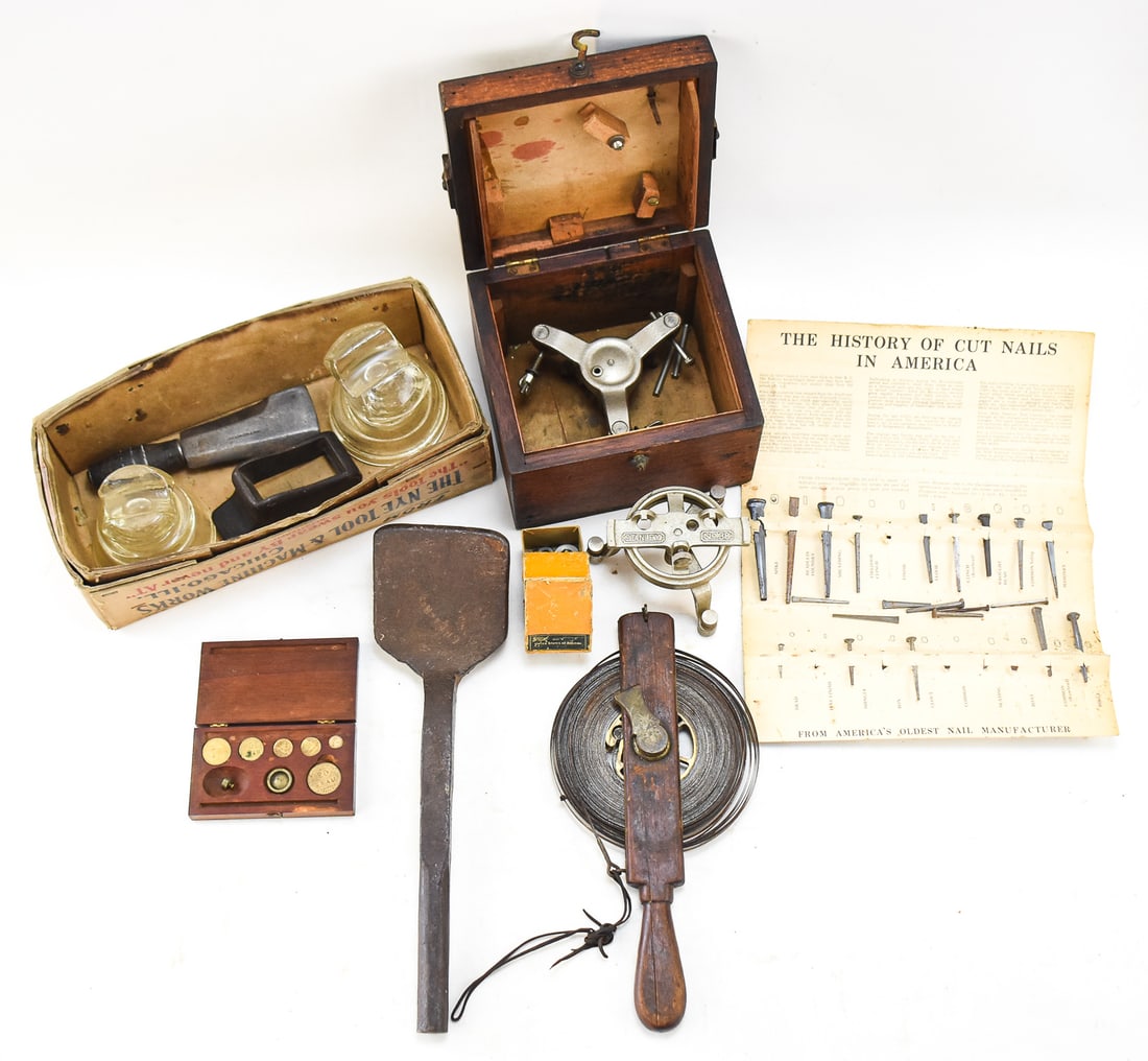 ASSORTMENT OF ANTIQUE TOOLS: STANLEY NO. 38 LEVEL STAND, GLASS INSULATORS, BALANCE WEIGHTS (1 of 6)