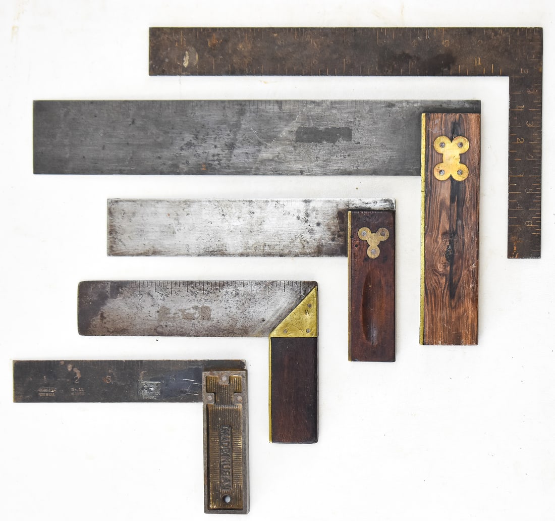 FIVE CARPENTRY SQUARES:STANLEY WINTERBOTTOMS TYPE 1, DISSTON NO. 1, STILETTO (1 of 2)