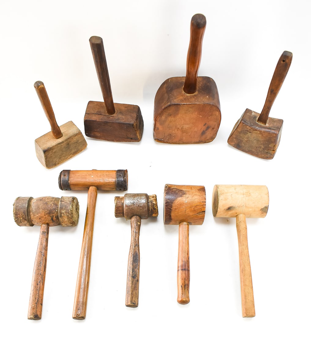 ASSORTMENT OF NINE WOODEN MALLETS: JOINER'S, CAULKING, CARPENTER'S MALLETS (1 of 3)