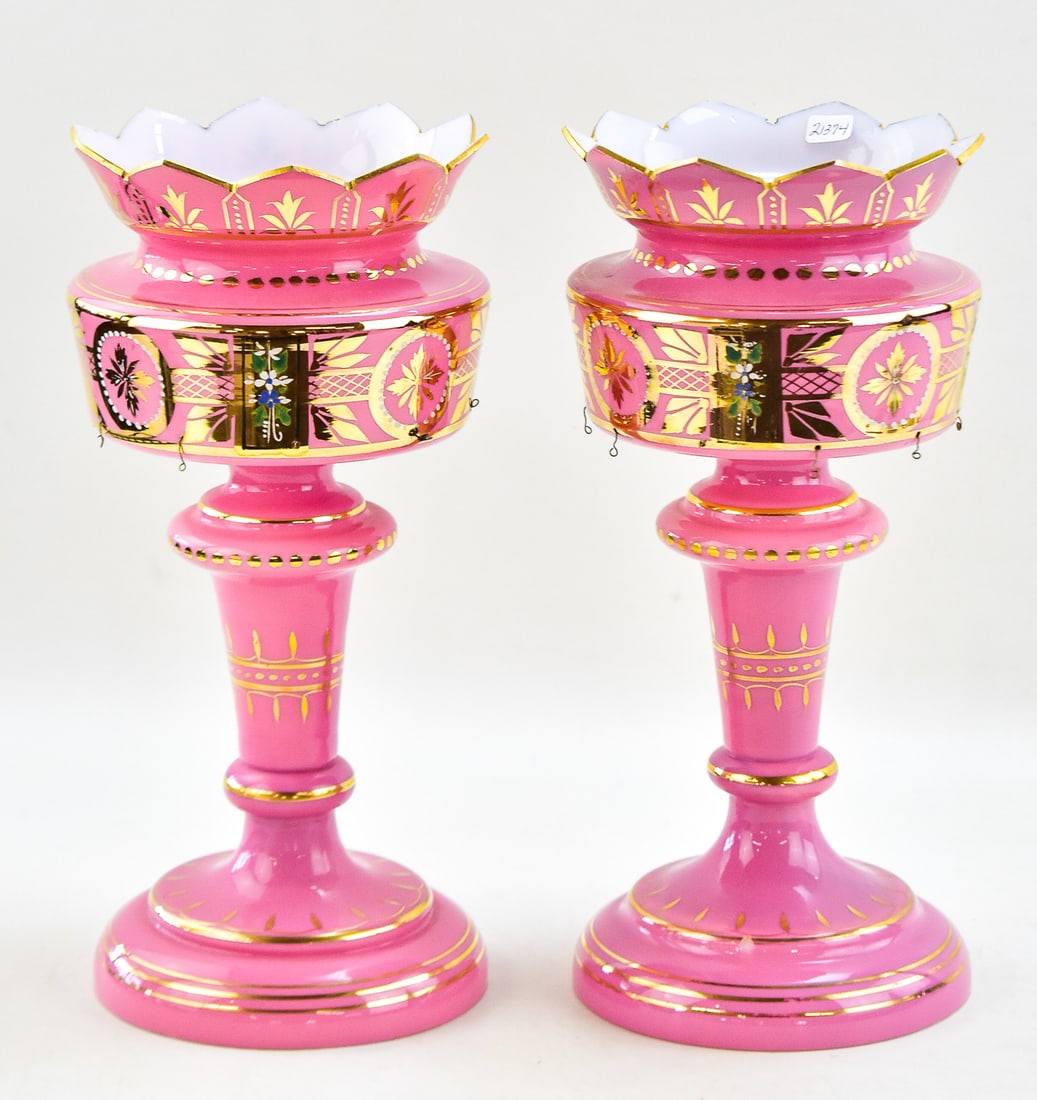 BOHEMIAN PINK OPALINE MANTEL LUSTER PAIR (1 of 3)