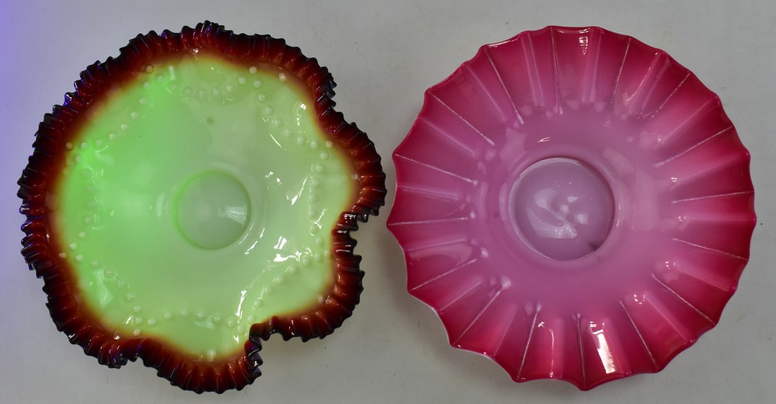 VICTORIAN GLASS BRIDE'S BASKET BOWLS: CUSTARD URANIUM GLASS (1 of 2)