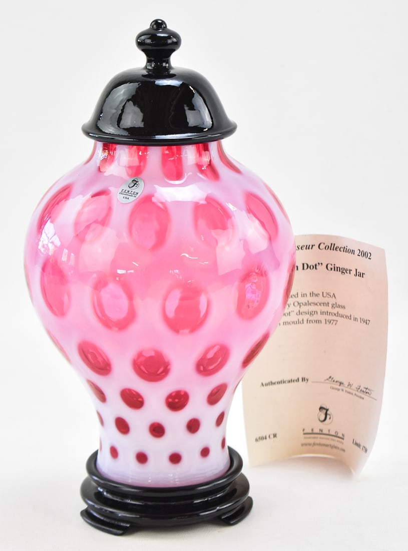 FENTON CRANBERRY OPALESCENT 'COIN DOT' GINGER VASE (1 of 3)