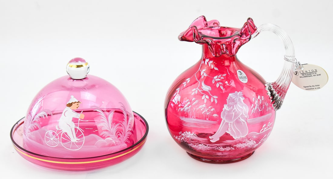 FENTON MARY GREGORY STYLE CRANBERRY PITCHER AND COVERED DISH (1 of 3)