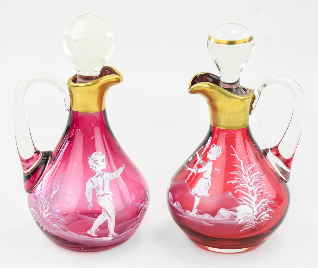 FENTON ART GLASS (ATTR.) MARY GREGORY STYLE CRANBERRY CRUETS (1 of 4)
