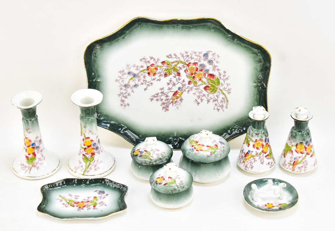 EUROPEAN VICTORIAN GREEN-BORDERED PORCELAIN SET (1 of 2)