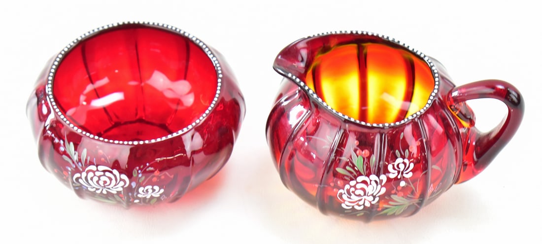 PAIRPOINT RUBY GLASS CREAMER AND SUGAR DISH - 2