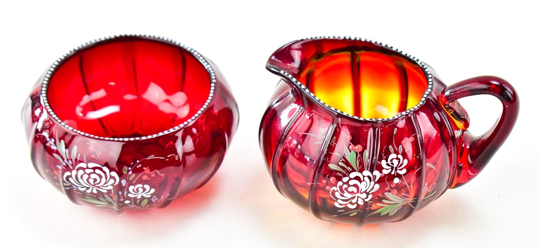 PAIRPOINT RUBY GLASS CREAMER AND SUGAR DISH - 3